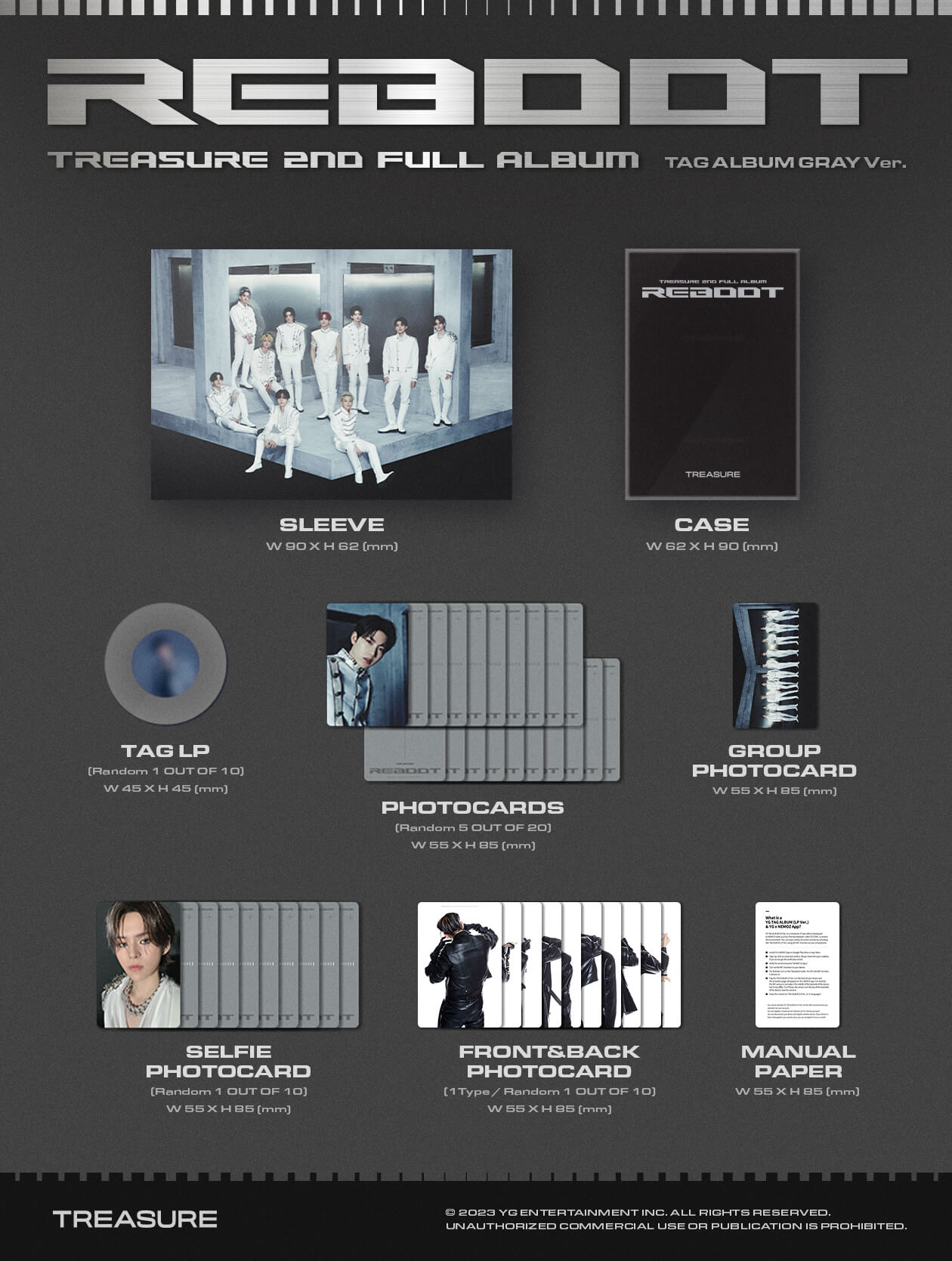 TREASURE REBOOT YG TAG Album GRAY Ver. Inclusions Sleeve Case TAG LP Photocards Group Photocard Selfie Photocard Front&Back Photocard Manual Paper