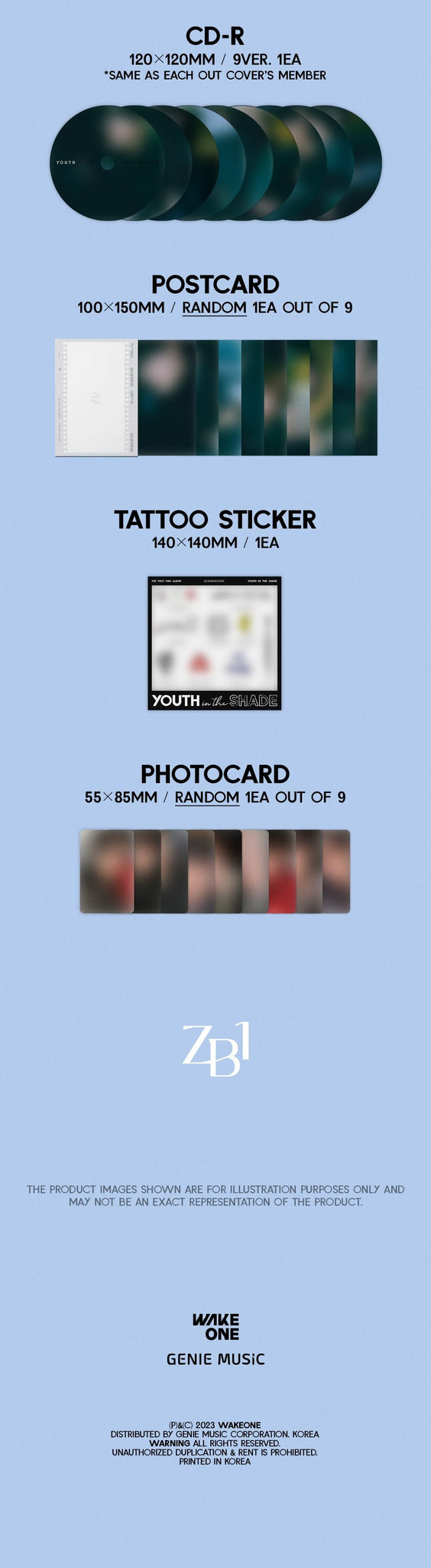 ZEROBASEONE YOUTH IN THE SHADE - Digipack Version Inclusions CD Postcard Tattoo Sticker Photocard