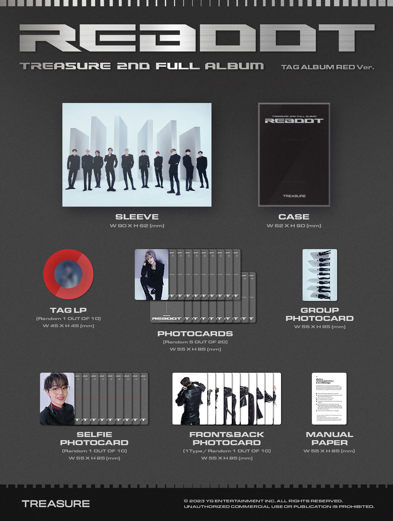 TREASURE REBOOT YG TAG Album RED Ver. Inclusions Sleeve Case TAG LP Photocards Group Photocard Selfie Photocard Front&Back Photocard Manual Paper