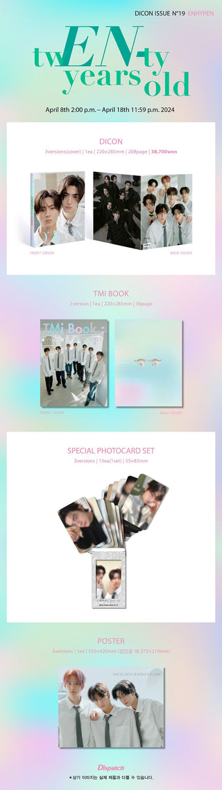 DICON ISSUE N°19 ENHYPEN : tw(EN-)ty years old - Unit Version Inclusions: Out Box, DICON, TMI Book, Special Photocard Set, Folded Poster