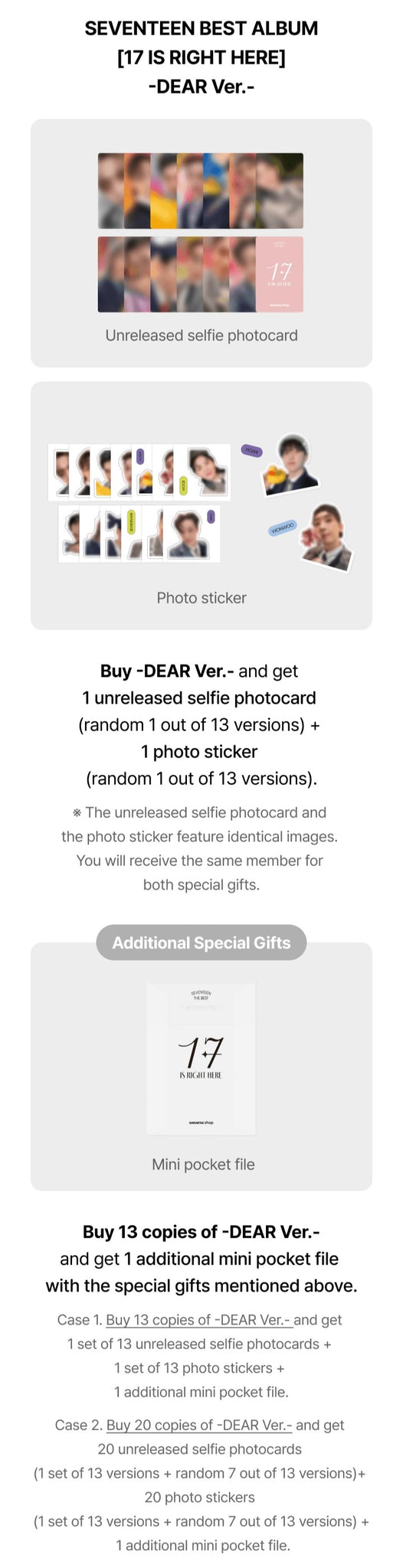 SEVENTEEN Best Album 17 IS RIGHT HERE - DEAR Version Weverse Pre-order Benefits: Selfie Photocard, Photo Sticker, Mini Pocket File