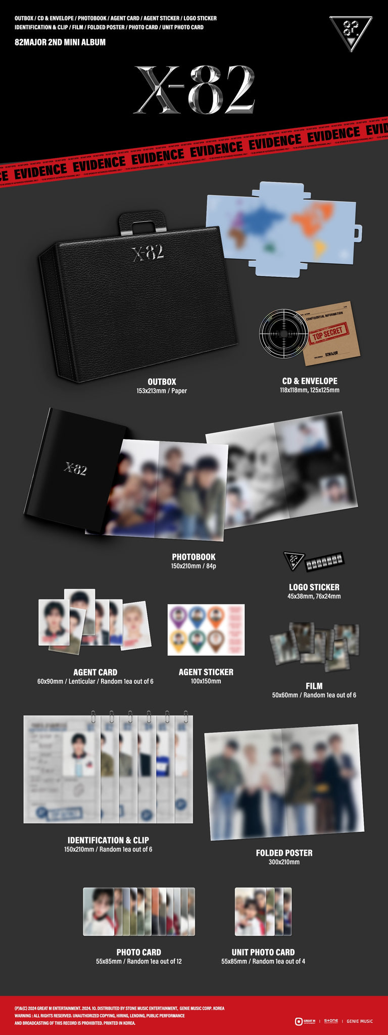 82MAJOR 2nd Mini Album X-82 Inclusions: Out Box, Photobook, CD & Envelope, Logo Sticker Set, Lenticular Agent Card, Agent Sticker, Film, Identification & Clip, Folded Poster, Photocard, Unit Photocard