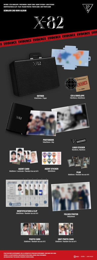 82MAJOR 2nd Mini Album X-82 Inclusions: Out Box, Photobook, CD & Envelope, Logo Sticker Set, Lenticular Agent Card, Agent Sticker, Film, Identification & Clip, Folded Poster, Photocard, Unit Photocard