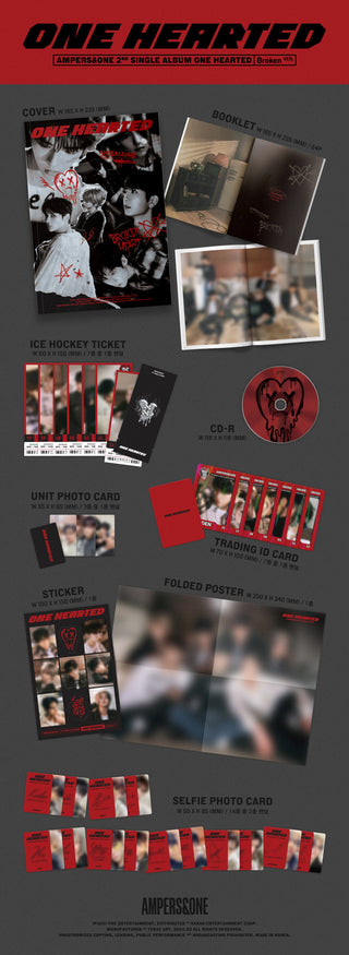 AMPERS&ONE 2nd Single Album ONE HEARTED - Broken Version Inclusions Cover, Photobook, CD, Ice Hockey Ticket, Unit Photocard, Trading ID Card, Sticker, Selfie Photocards, Folded Poster