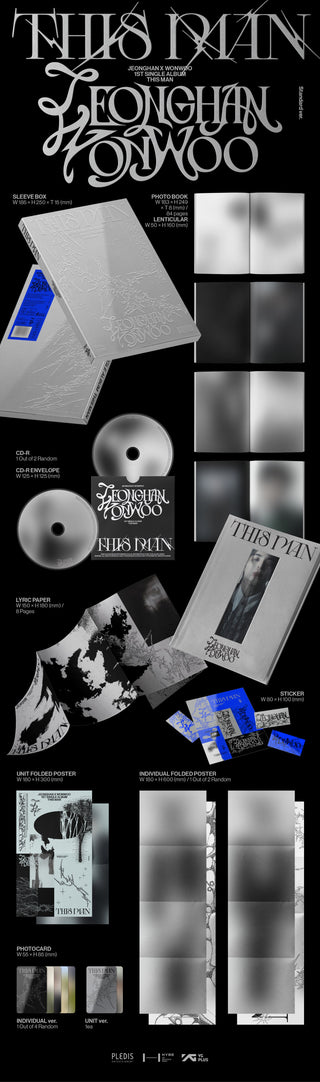 Jeonghan X Wonwoo (SEVENTEEN) 1st Single Album THIS MAN Inclusions: Sleeve Box, Photobook, Lenticular, CD & Envelope, Lyric Paper, Stickers, Unit Folded Poster, Individual Folded Poster, Unit Photocard, Individual Photocard