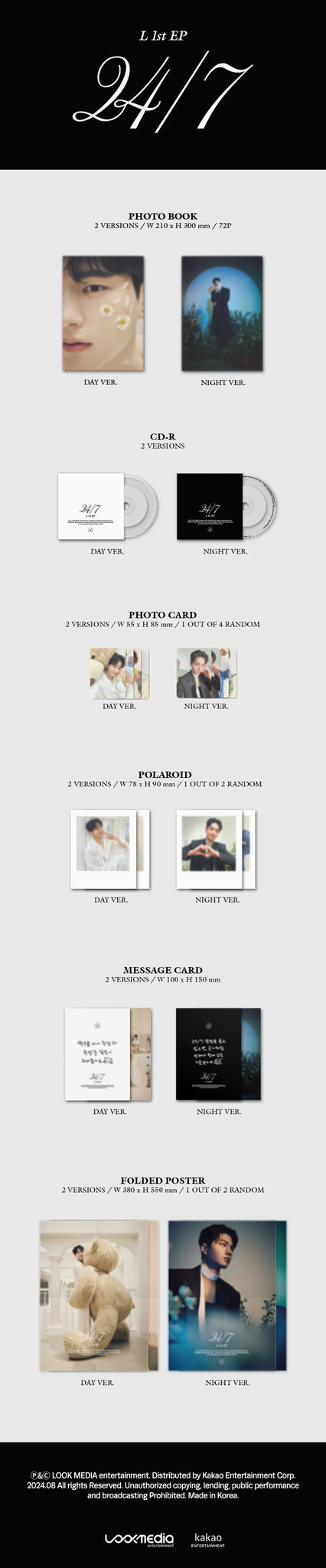 L (INFINITE) 1st EP Album 24/7 - DAY / NIGHT Version Inclusions: Photobook, CD, Photocard, Polaroid, Message Card, Folded Poster