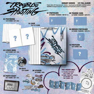 Xdinary Heroes 1st Full Album Troubleshooting - A Version Inclusions: Case, Photobook Set, Lyrics Book, CD, Photo Essay, Sticker Set, Photocard, Trading Card, Mirror Photocard, Postcard Set, Pre-order Only Folding Postcard, Habit Tracker, Sticker