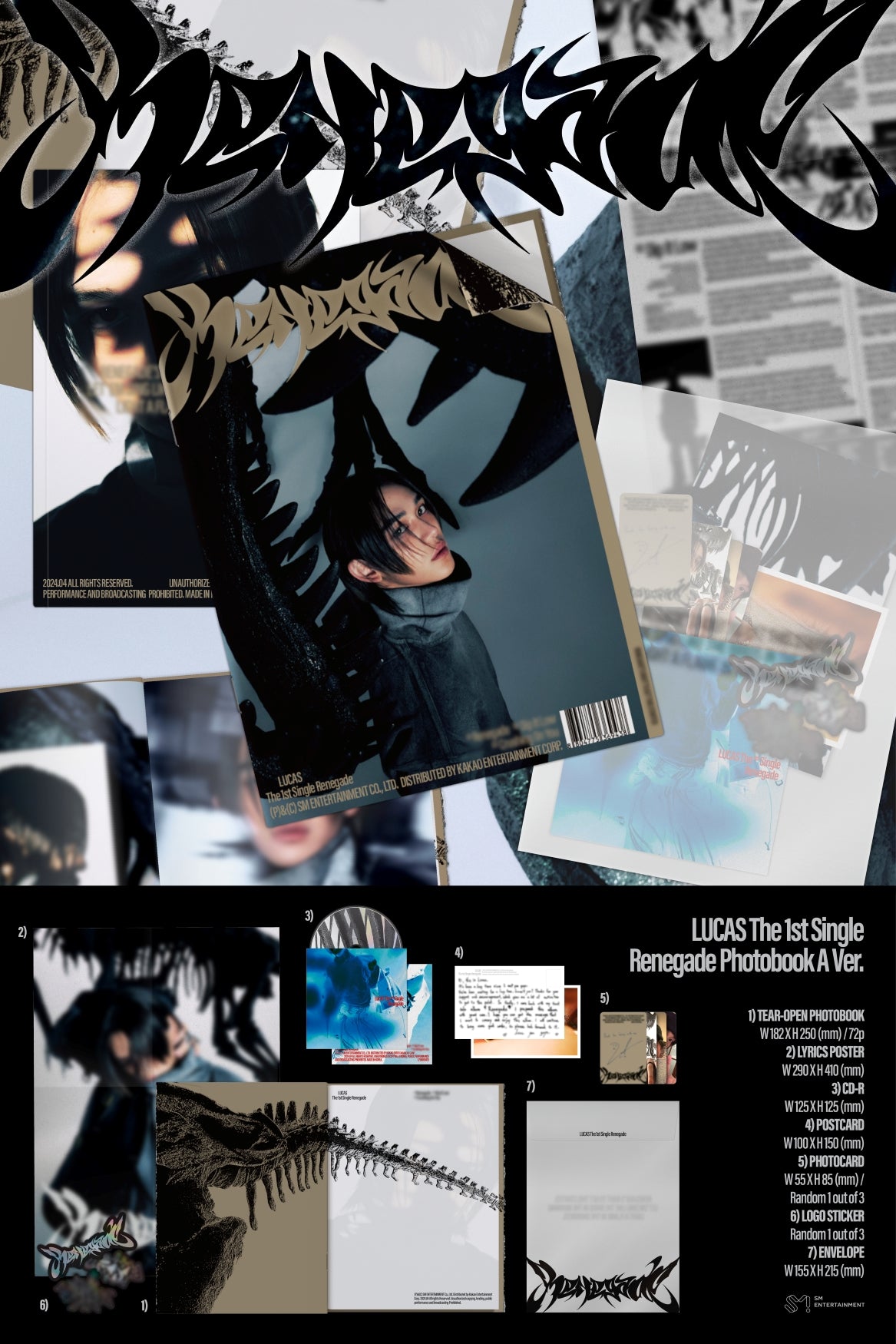 Lucas 1st Single Album Renegade - Photobook A Version Inclusions: Tear-open Photobook, CD, Lyrics Poster, Postcard, Photocard, Logo Sticker, Envelope