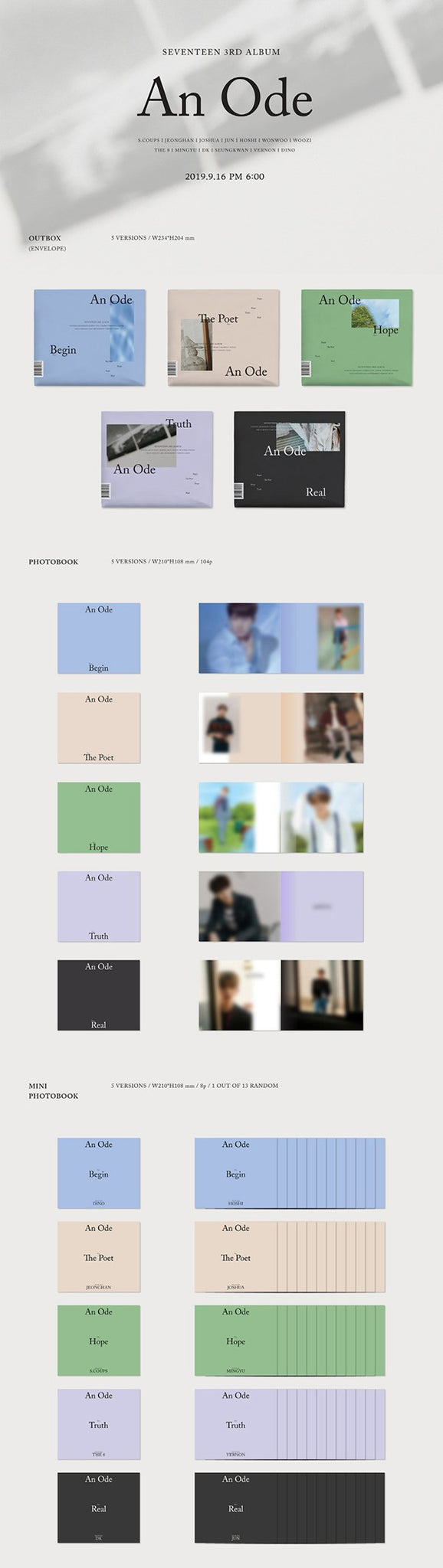 SEVENTEEN 3rd Full Album An Ode Inclusions: Out Box (Envelope), Photobook, Mini Photobook