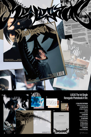 Lucas 1st Single Album Renegade - Photobook A Version Inclusions: Tear-open Photobook, CD, Lyrics Poster, Postcard, Photocard, Logo Sticker, Envelope