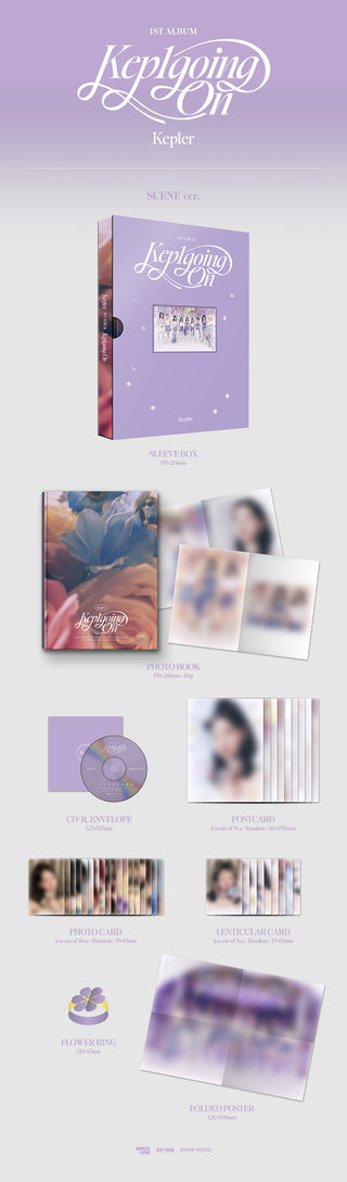 Kep1er 1st Full Album Kep1going On - SCENE Version Inclusions: Sleeve Box, Photobook, CD & Envelope, Postcard, Photocards, Lenticular Card, Flower Ring, Folded Poster