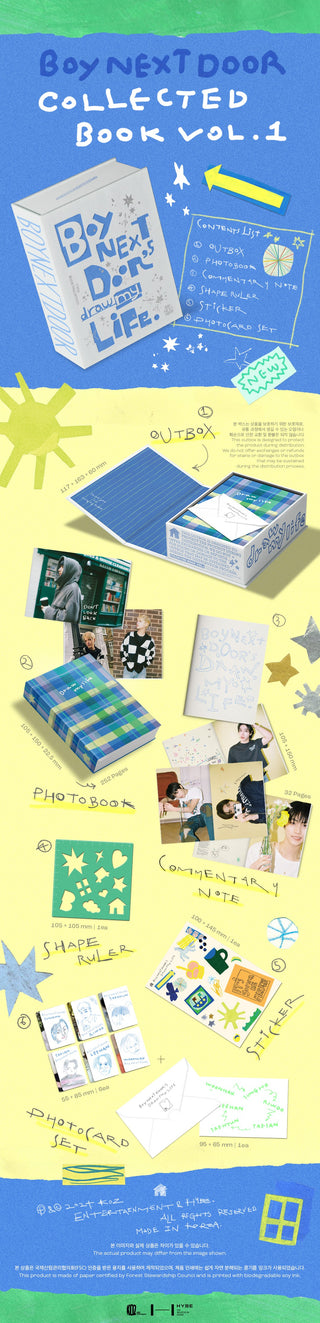 BOYNEXTDOOR - COLLECTED BOOK VOL.1 Inclusions: Out Box, Photobook, Commentary Note, Shape Ruler, Stickers, Photocard Envelope, Photocard Set