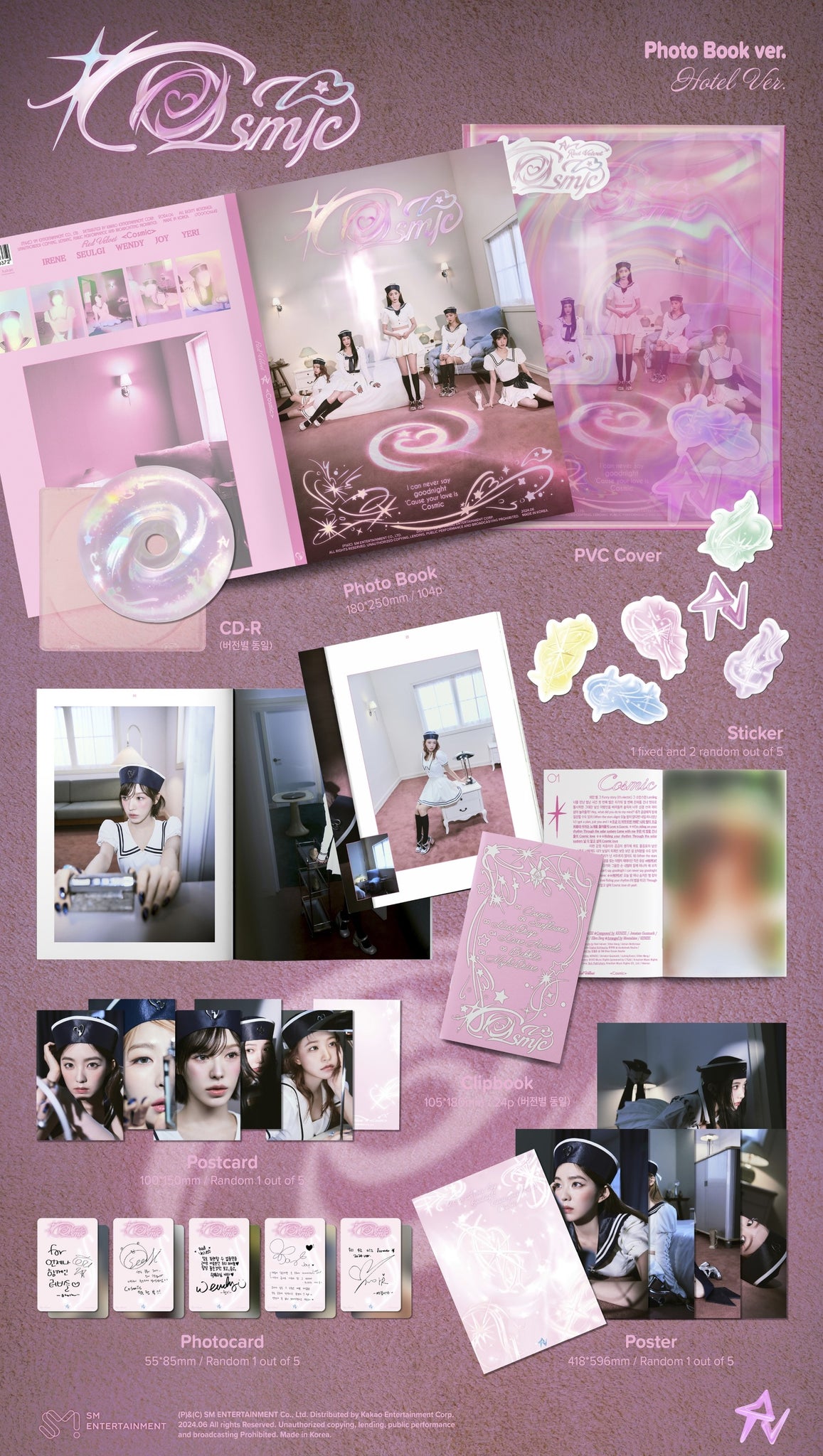 Red Velvet 7th Mini Album Cosmic (Photobook Ver.) - Hotel Version Inclusions: PVC Cover, Photobook, Clipbook, CD, Stickers, Postcard, Folded Poster, Photocard
