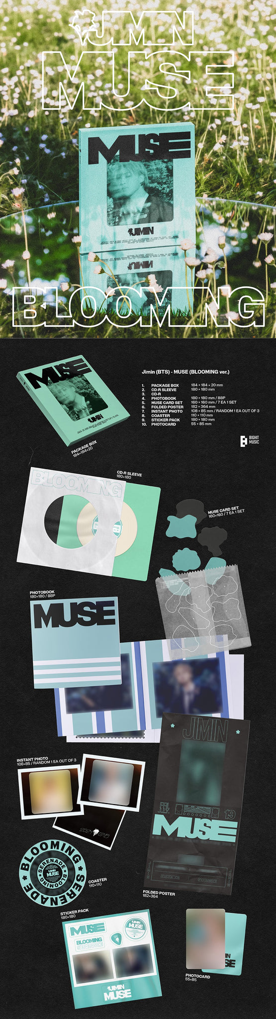 Jimin (BTS) 2nd Solo Album MUSE - BLOOMING Version Inclusions: Package Box, Photobook, CD & Sleeve, MUSE Card Set, Folded Poster, Instant Photo, Coaster, Sticker Pack, Photocard