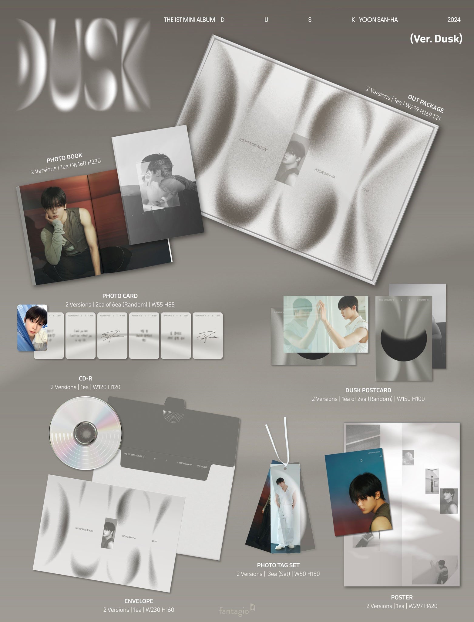 Yoon San-ha (ASTRO) 1st Mini Album DUSK Inclusions: Out Package, Photobook, CD, Envelope, Dusk Postcard, Photocards, Photo Tag Set, Folded Poster