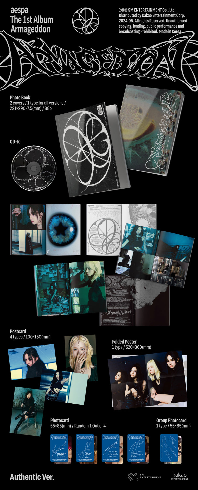 aespa 1st Full Album Armageddon (Authentic Version) - Circle / Eye Version Inclusions: Cover, Photobook, CD, Postcard, Folded Poster, Photocard, Group Photocard