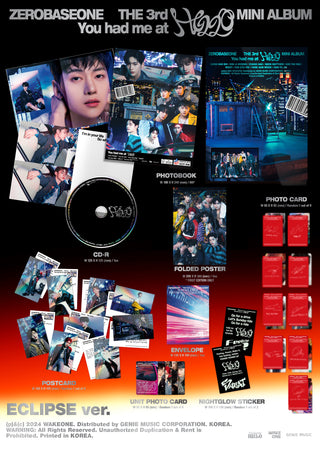 ZEROBASEONE 3rd Mini Album You had me at HELLO - ECLIPSE Version Inclusions: Photobook, CD, Envelope, Postcard, Photocard, Unit Photocard, Nightglow Sticker, 1st Press Only Folded Poster