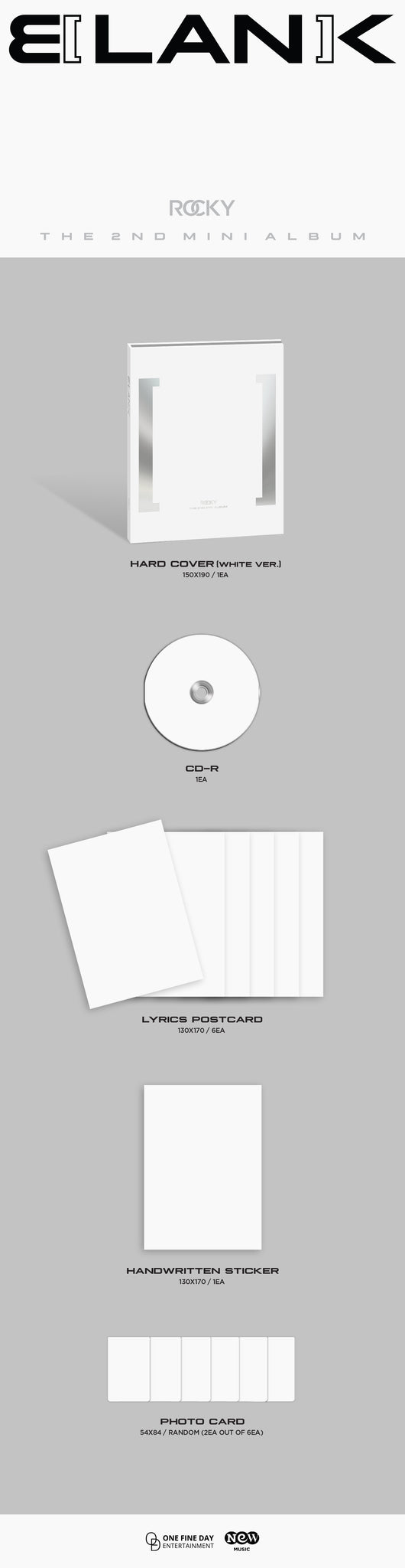 Rocky 2nd Mini Album BLANK - WHITE Version Inclusions: Hard Cover & Photobook, CD, Lyrics Postcard Set, Handwritten Stickers, Photocards