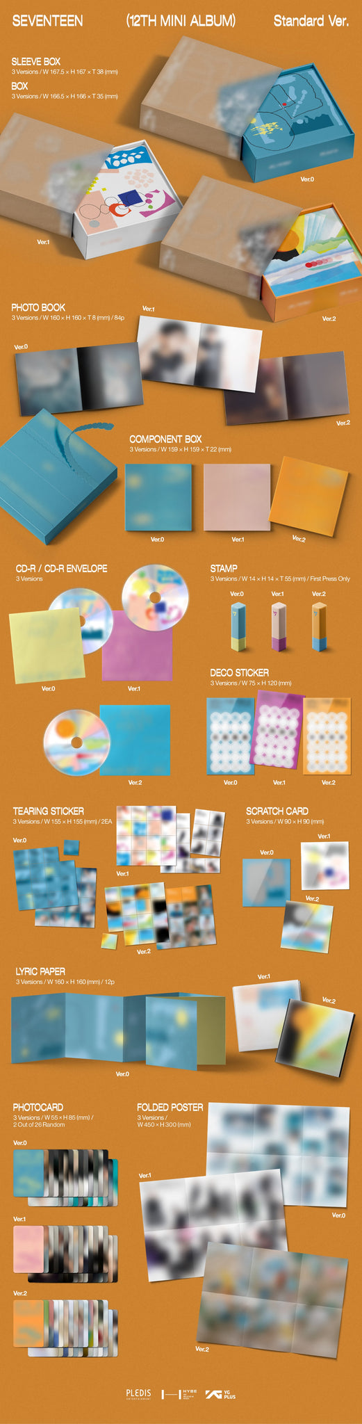 SEVENTEEN 12th Mini Album SPILL THE FEELS Inclusions: Sleeve Box, Box, Photobook, Component Box, CD & Envelope, Deco Sticker, Tearing Stickers, Scratch Card, Lyric Paper, Photocards, Folded Poster, 1st Press Only Stamp