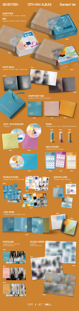 SEVENTEEN 12th Mini Album SPILL THE FEELS Inclusions: Sleeve Box, Box, Photobook, Component Box, CD & Envelope, Deco Sticker, Tearing Stickers, Scratch Card, Lyric Paper, Photocards, Folded Poster, 1st Press Only Stamp