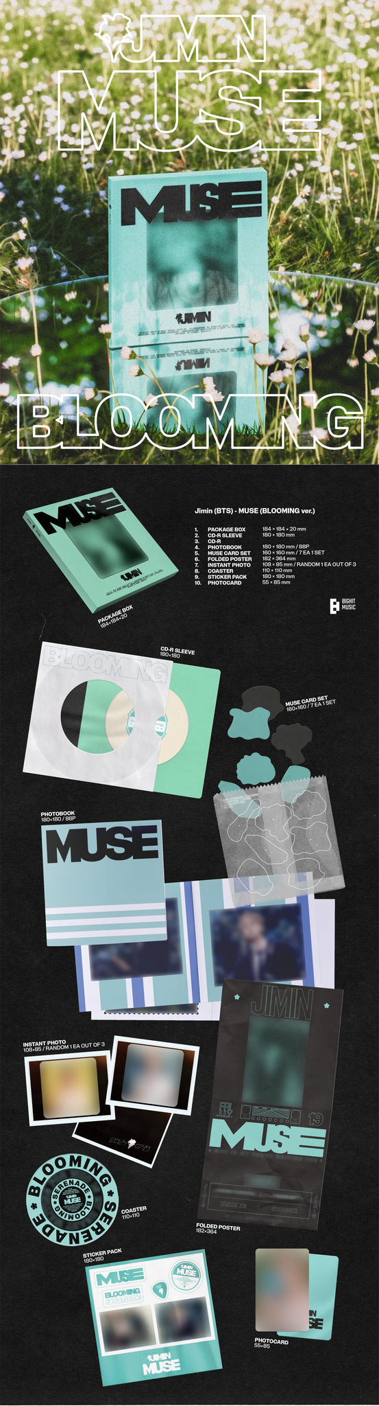 Jimin (BTS) 2nd Solo Album MUSE - BLOOMING Version Inclusions: Package Box, Photobook, CD & Sleeve, MUSE Card Set, Folded Poster, Instant Photo, Coaster, Sticker Pack, Photocard