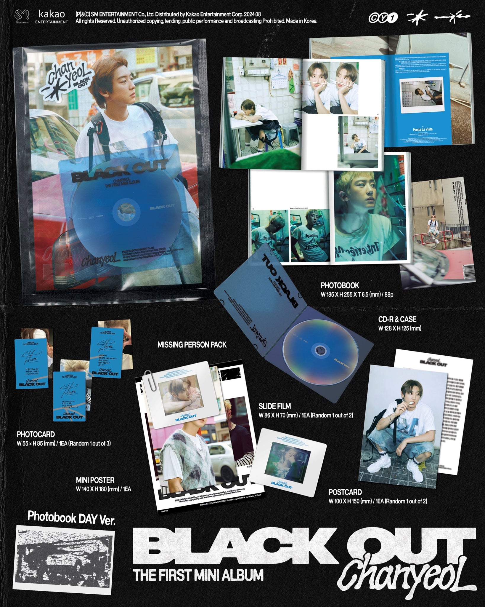 Chanyeol (EXO) 1st Mini Album Black Out - Photobook Version Inclusions: Photobook, CD & Case, Slide Film, Postcard, Mini Poster, Photocard