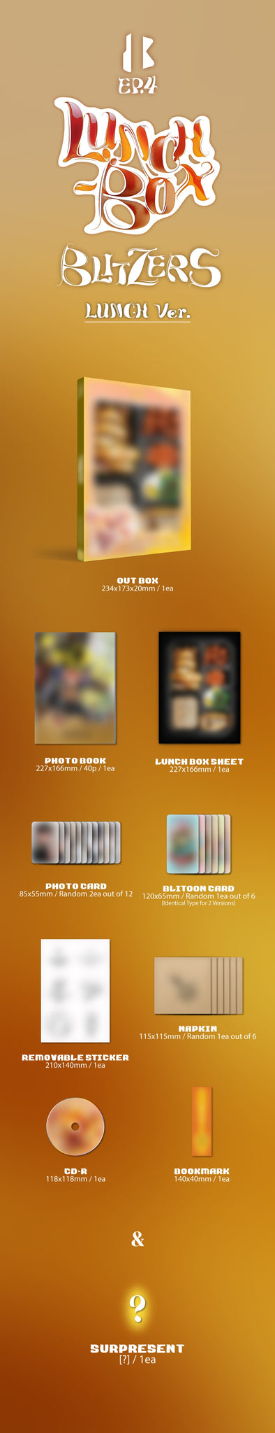 BLITZERS 4th EP Album LUNCH-BOX - LUNCH Version Inclusions: Out Box, Photobook, CD, Lunch Box Sheet, Photocards, Blitoon Card, Removable Sticker, Napkin, Bookmark, Surpresent