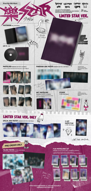 Stray Kids 樂-STAR LIMITED STAR Inclusions Photobook CD Photocard Unit Photocard Panorama Mini Poster Sticker Special Mini Poster 4Cut Photo Film Pre-order Folded Poster Film Photocard Set