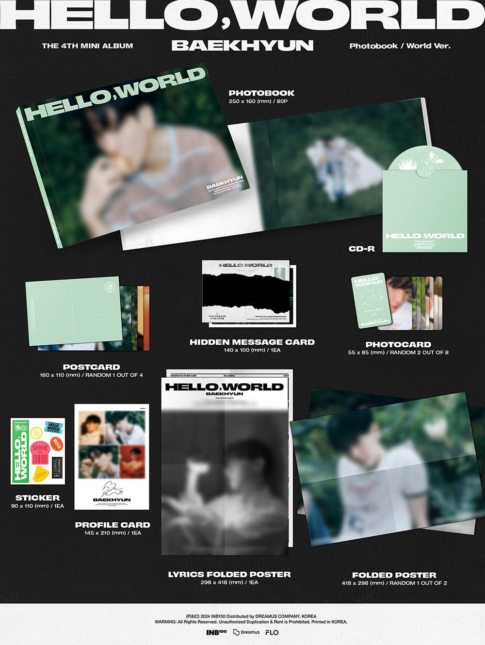 Baekhyun (EXO) 4th Mini Album Hello,World Inclusions: Photobook, CD, Postcard, Hidden Message Card, Photocards, Stickers, Profile Card, Lyrics Folded Poster, Folded Poster