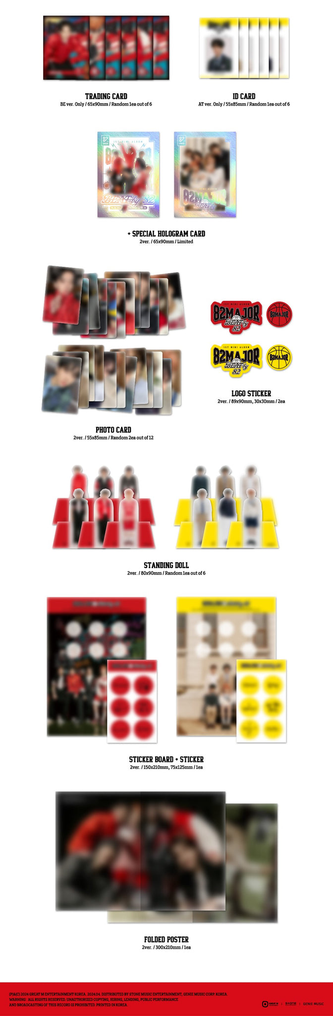 82MAJOR 1st Mini Album BEAT by 82 Inclusions: Trading Card (BE Ver. Only), ID Card (AT Ver. Only), Photocards, Logo Stickers, Standing Doll, Sticker Board + Sticker, Folded Poster, 1st Press Only Special Hologram Card