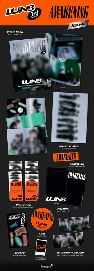 LUN8 3rd Mini Album AWAKENING Inclusions: Photobook, CD, Folded Poster, Envelope, Bookmark, Photocards, Stickers, Accordion Postcard, 1st Press Only Limited Polaroid