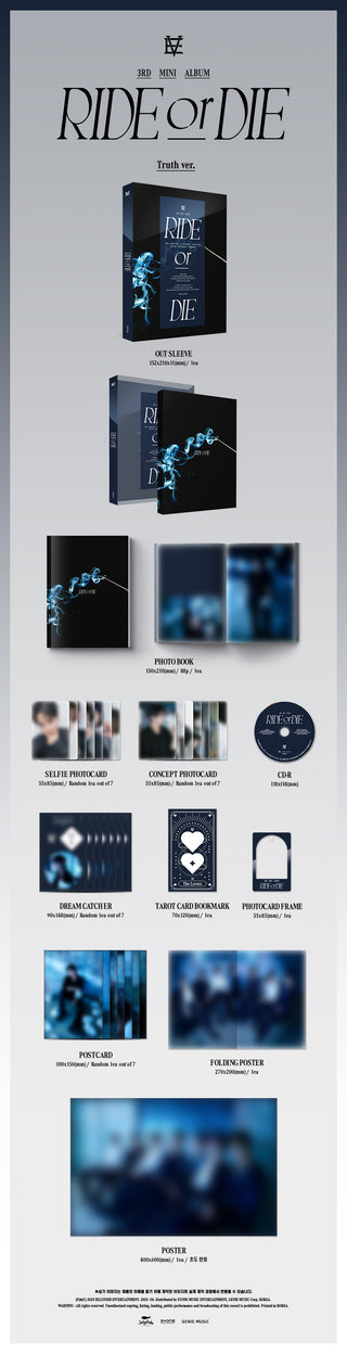 EVNNE 3rd Mini Album RIDE or DIE - Truth Version Inclusions: Out Sleeve, Photobook, CD, Selfie Photocard, Concept Photocard, Photo Frame, Dream Catcher, Tarot Card Bookmark, Postcard, Folding Poster, 1st Press Only Poster