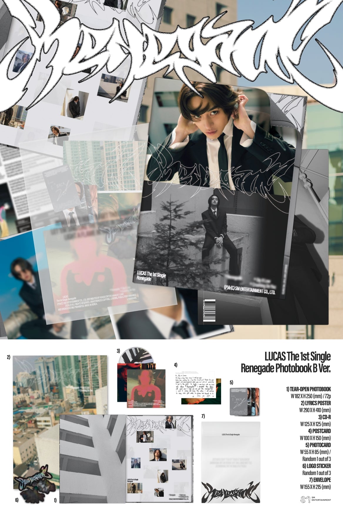 Lucas 1st Single Album Renegade - Photobook B Version Inclusions: Tear-open Photobook, CD, Lyrics Poster, Postcard, Photocard, Logo Sticker, Envelope