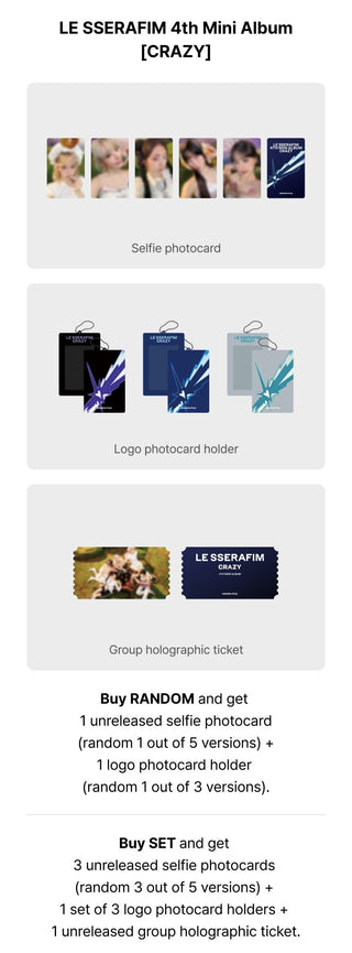 LE SSERAFIM 4th Mini Album CRAZY Weverse Pre-order Benefits: Selfie Photocard, Logo Photocard L-holder, Group Holographic Ticket