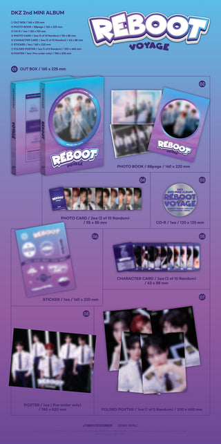 DKZ 2nd Mini Album REBOOT - VOYAGE Version Inclusions: Out Box, Photobook, CD, Photocards, Character Cards, Sticker, Folded Poster, Pre-order Poster