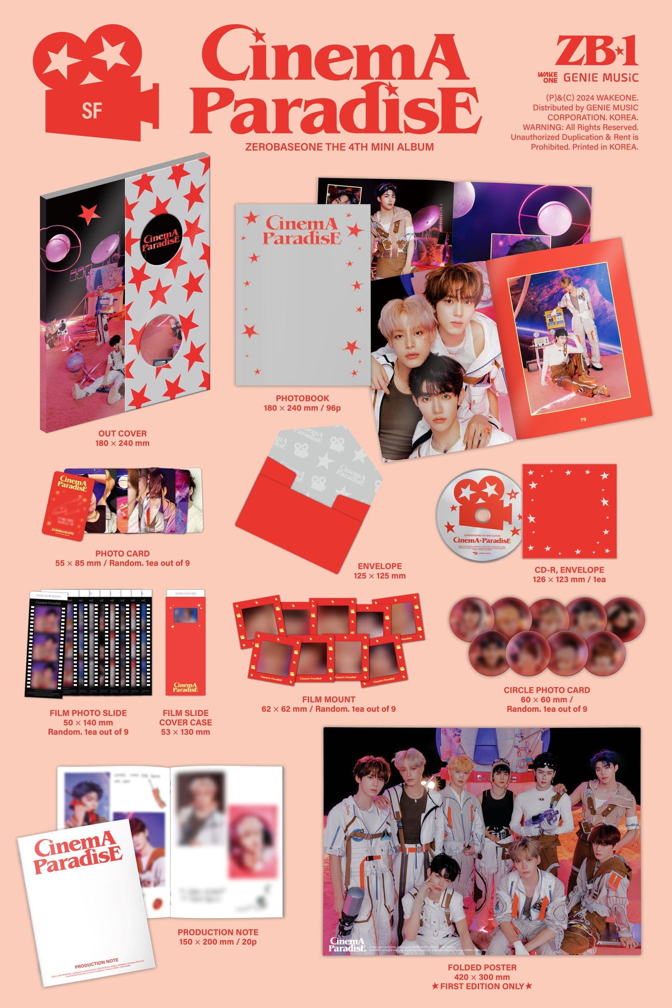 ZEROBASEONE 4th Mini Album CINEMA PARADISE - SF Version Inclusions: Out Cover, Photobook, CD & Envelope, Photocard, Envelope & Film Mount, Film Slide Cover Case, Film Photo Slide, Circle Photo Card, Production Note, 1st Press Only Folded Poster