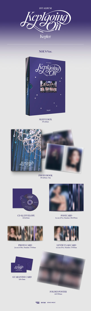 Kep1er 1st Full Album Kep1going On - NOUS Version Inclusions: Sleeve Box, Photobook, CD & Envelope, Postcard, Photocards, Lenticular Card, Guarantee Card, Folded Poster
