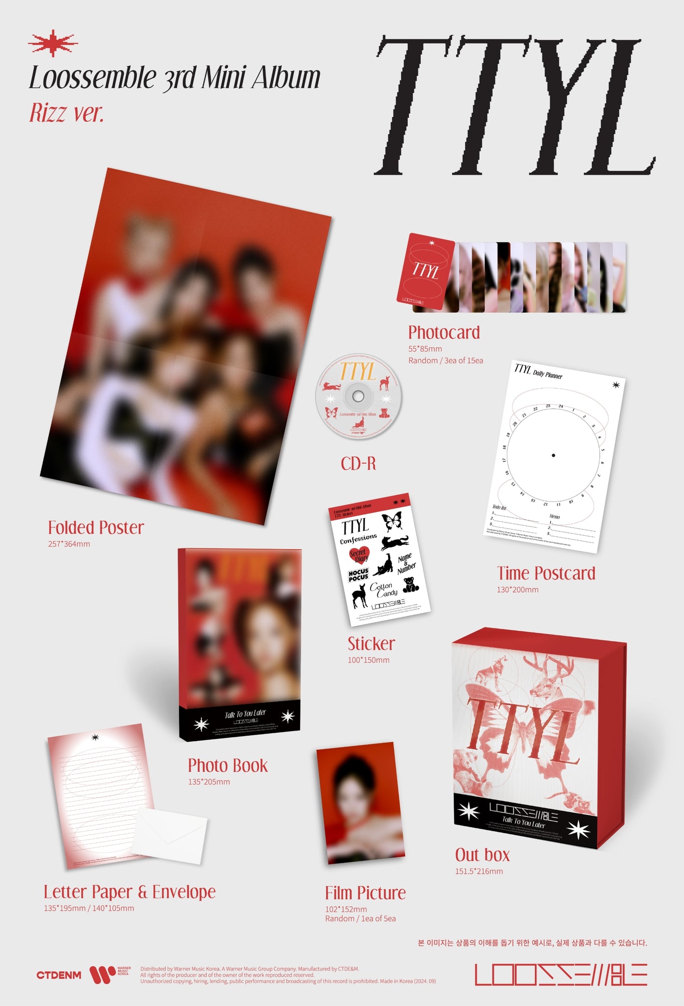 Loossemble 3rd Mini Album TTYL Inclusions: Out Box, Photobook, CD, Sticker, Time Postcard, Letter Envelope, Letter Paper, Photocards, Film Picture, Folded Poster