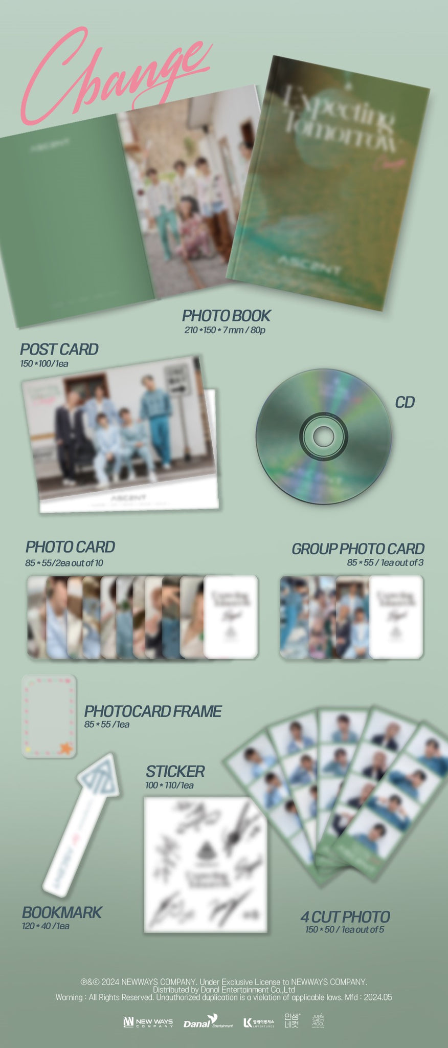 ASC2NT 1st Single Album Expecting Tomorrow - Change Version Inclusions: Photobook, CD, Postcard, Bookmark, Sticker, 4Cut Photo, Photocard Frame, Group Photocard, Photocards