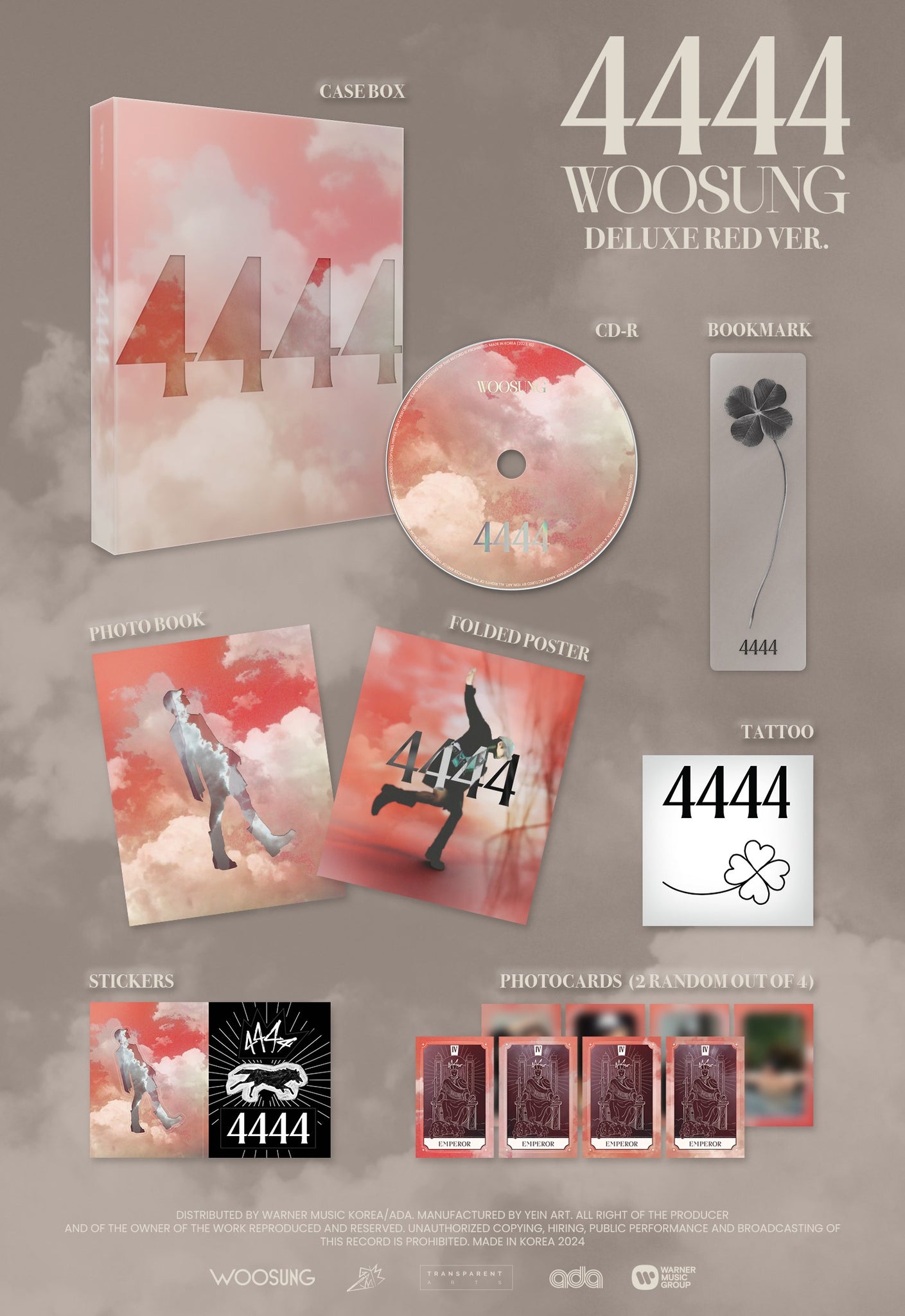 Woosung (The Rose) 2nd Full Album 4444 - Deluxe Version Inclusions: Case Box, Photobook, CD, Photocards, Folded Poster, Tattoo, Stickers, Bookmark