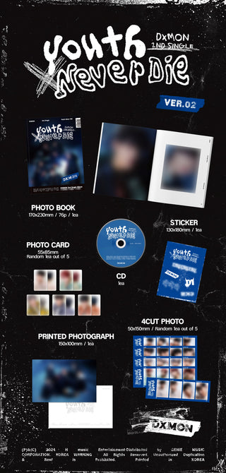 DXMON 2nd Single Album Youth Never DIE Inclusions: Photobook, CD, Stickers, Photocard, Printed Photograph, 4Cut Photo