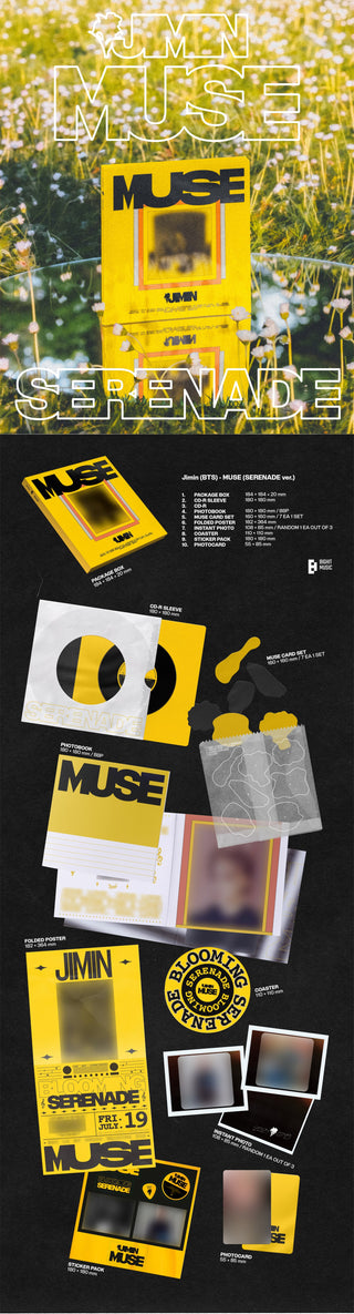Jimin (BTS) 2nd Solo Album MUSE - SERENADE Version Inclusions: Package Box, Photobook, CD & Sleeve, MUSE Card Set, Folded Poster, Instant Photo, Coaster, Sticker Pack, Photocard