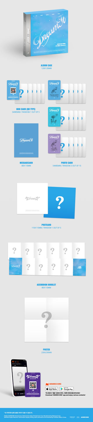 Catch The Young 1st Single Album Dream It - Platform Version Inclusions: Album Case, Mini Card (QR Type), Message Card, Photocards, Postcard, Accordion Booklet, Folded Poster