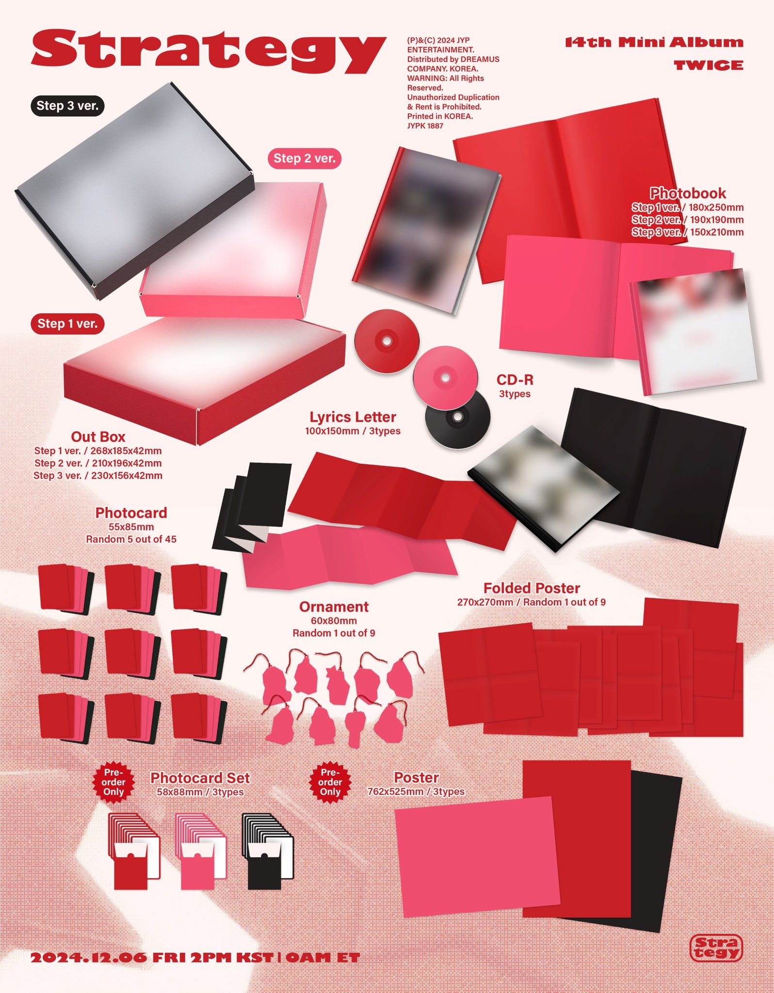 TWICE 14th Mini Album STRATEGY Inclusions: Out Box, Photobook, CD, Lyrics Letter, Folded Poster, Photocards, Ornament, Pre-order Only Photocard Set, Poster