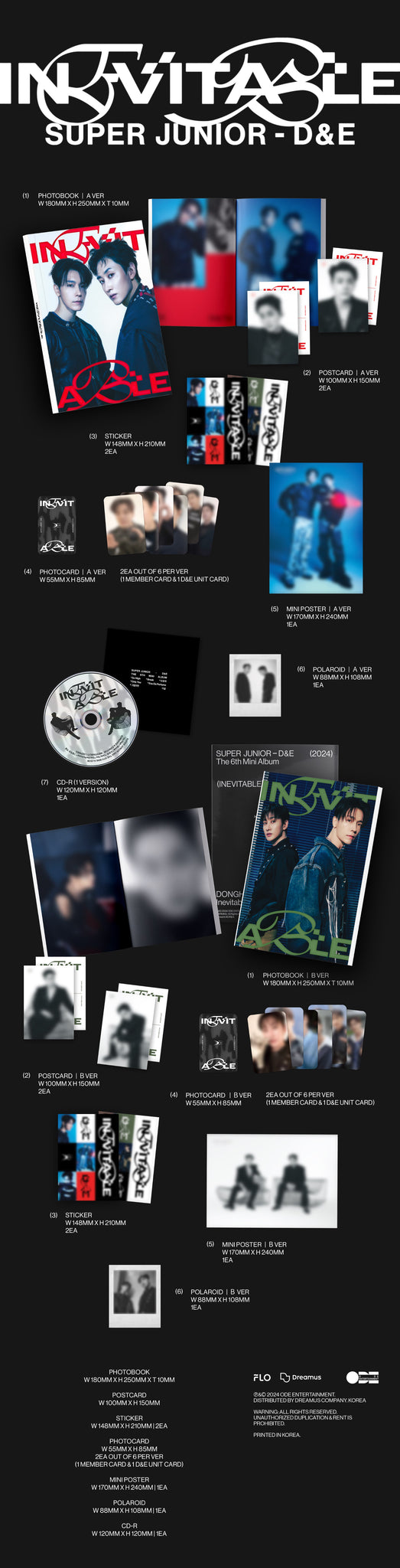 Super Junior D&E 6th Mini Album INEVITABLE Inclusions: Photobook, CD, Postcard Set, Stickers, Photocards, Mini Poster, Polaroid