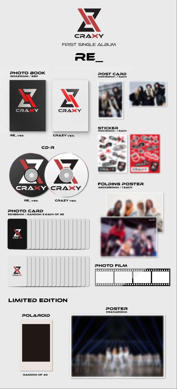 CRAXY 1st Single Album RE_ Inclusions: Photobook, CD, Postcard, Stickers, Photocards, Folding Poster, Photo Film, 1st Press Limited Polaroid, Poster