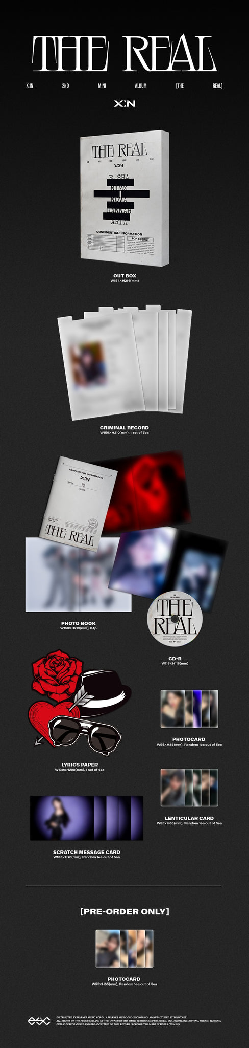 X:IN 2nd Mini Album THE REAL Inclusions Out Box Criminal Record Set Photobook CD Lyrics Paper Set Scratch Message Card Photocard Lenticular Card Pre-order Photocard