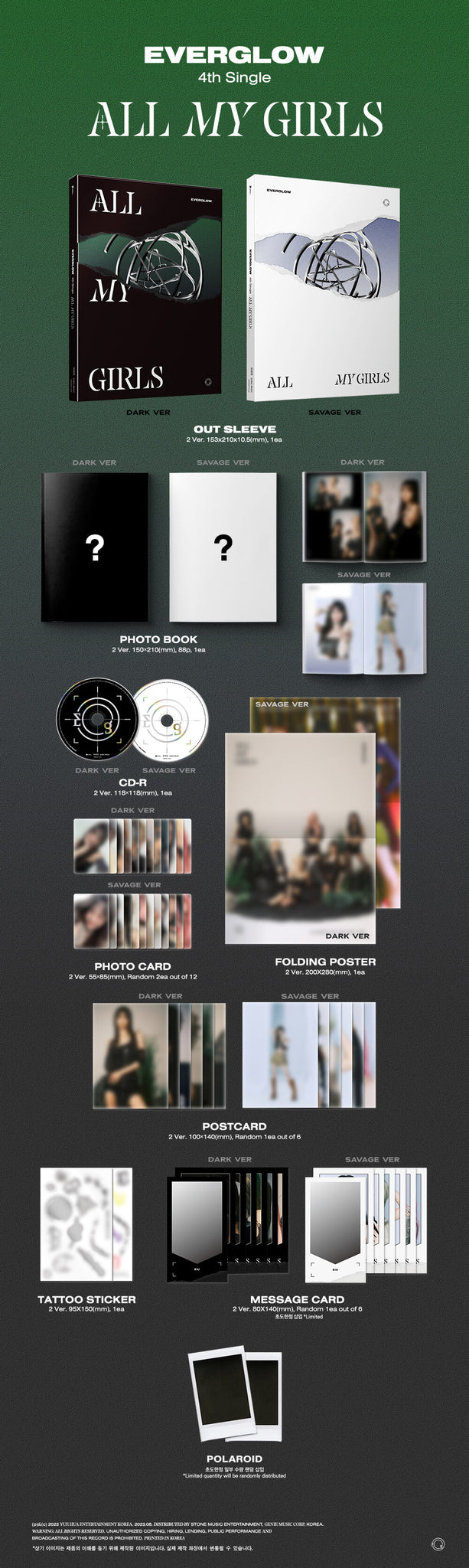 EVERGLOW ALL MY GIRLS Inclusions Out Sleeve Photobook CD Photocards Postcard Tattoo Sticker Folding Poster 1st Press Only Message Card Polaroid