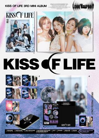 KISS OF LIFE 3rd Mini Album Lose Yourself - Magazine Version Inclusions: Magazine, CD, Photocards, Unit Photocard, Hologram Photocard & Display, Stickers, Folded Poster, 1st Press Only Lenticular Photocard