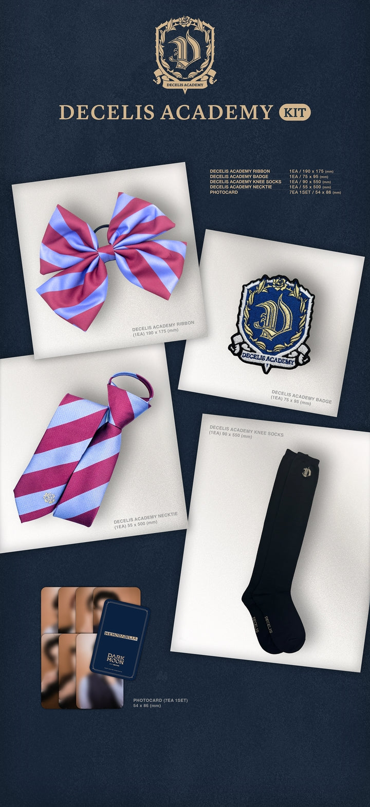 ENHYPEN DARK MOON SPECIAL ALBUM MEMORABILIA Decelis Academy Kit: Ribbon, Badge, Necktie, Knee Socks, Photocard Set